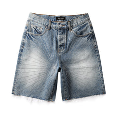 Purple Jeans Men’s Blue Denim Shorts with Rhinestone Sunburst Design and Raw Hem 5100