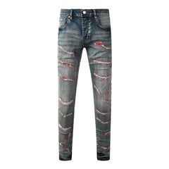 Purple Men’s Dark Blue Slim Fit Jeans with Heavy Distressed Red Patchwork Details for Edgy Streetwear Style 9114