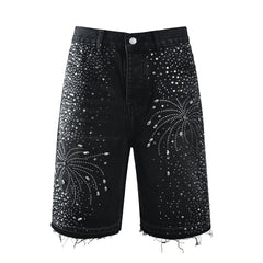 Purple Jeans Men’s Black Rhinestone Denim Shorts with Firework Crystal Design 5103