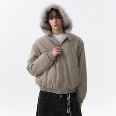 NOAH MARS Detachable Hood Fur Collar Mountain Print Loose Winter Cotton Jacket Men