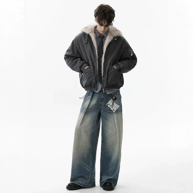 NOAH MARS Old Money Stand Collar Mountain Graphic Velvet Lined Cotton Coat
