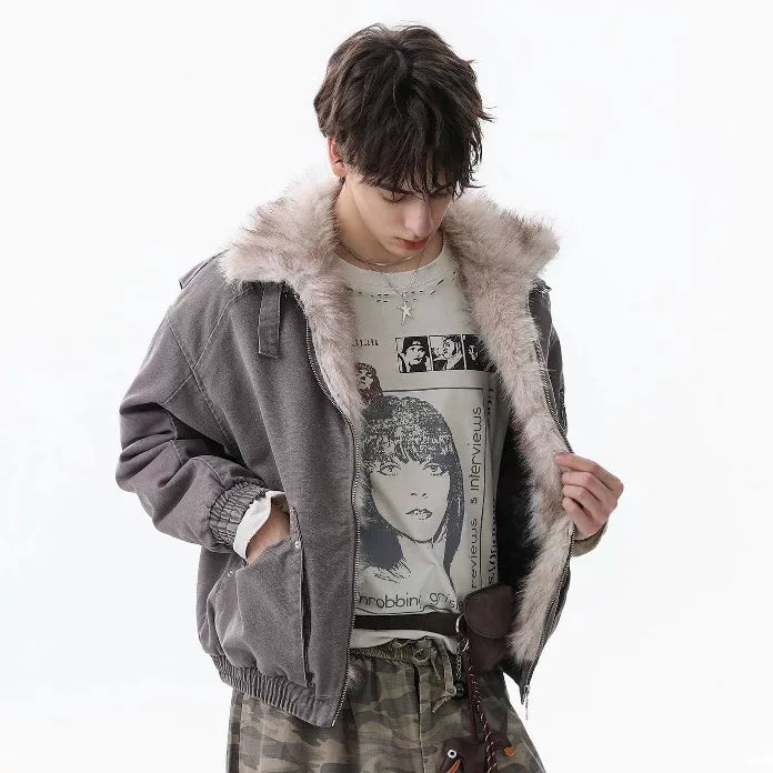 NOAH MARS Old Money Stand Collar Mountain Graphic Velvet Lined Cotton Coat