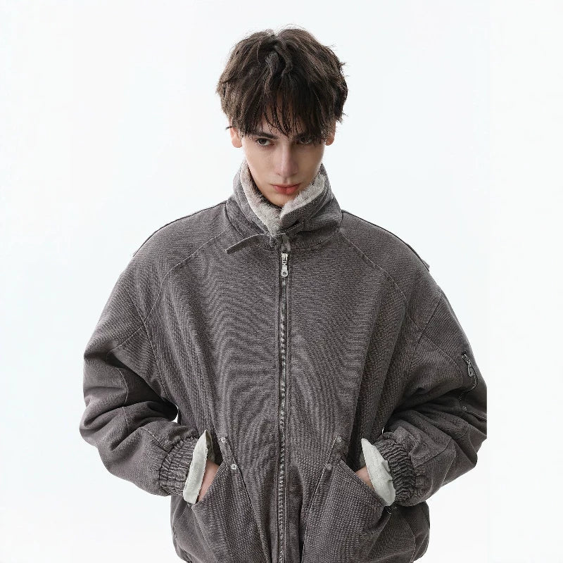 NOAH MARS Old Money Stand Collar Mountain Graphic Velvet Lined Cotton Coat